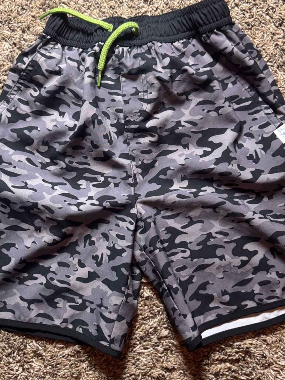 Happy Bear Gray Black Camo swim trunks 🩳 with Neon Drawstring size 10
